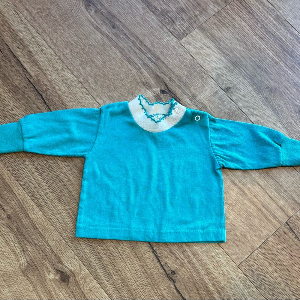 Vintage Toddletime Teal/White Baby Girl Long Sleeve Top Size 6 Months